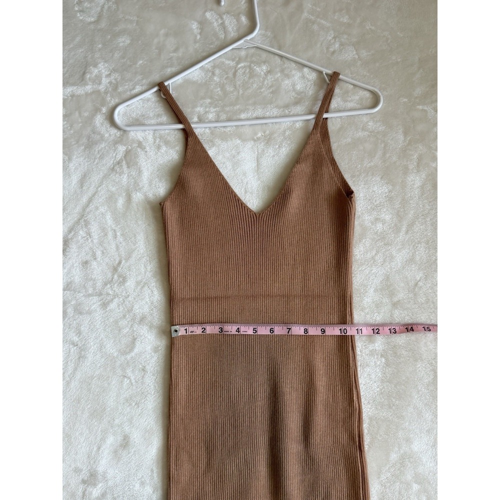 Forever 21 Women Tan Ribbed Knit V-Neck Spaghetti Strap Midi Bodycon Dress Small - Picture 4 of 7